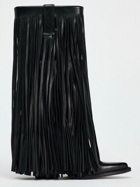 Zara Black Fringe Leather Ankle Boots